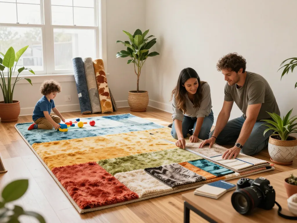 Residential carpet installation in a cozy living room with family, showcasing vibrant carpet choices.