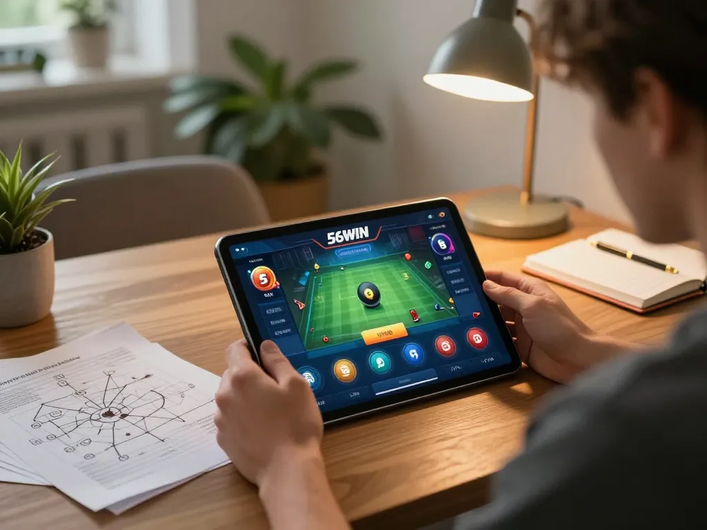 Player using 56WIN app on tablet in cozy home setting, engaging in online casino gaming.