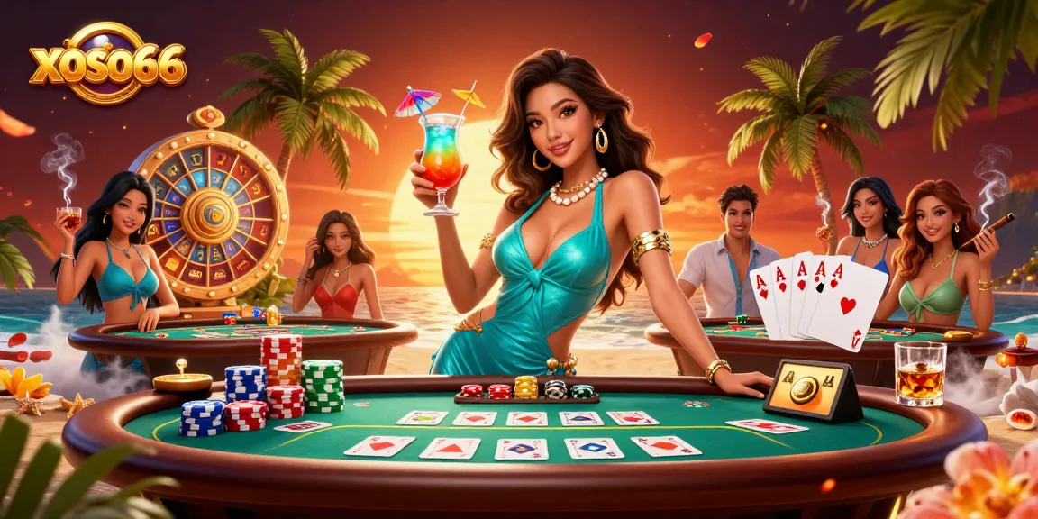 Engage in thrilling casino action with xoso66 featuring a glamorous Asian woman enjoying a tropical cocktail.