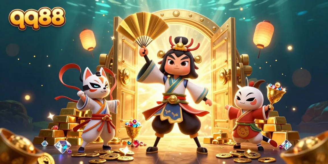 Experience thrilling gaming with qq88's dynamic promotion scene featuring a kabuki warrior and treasures.