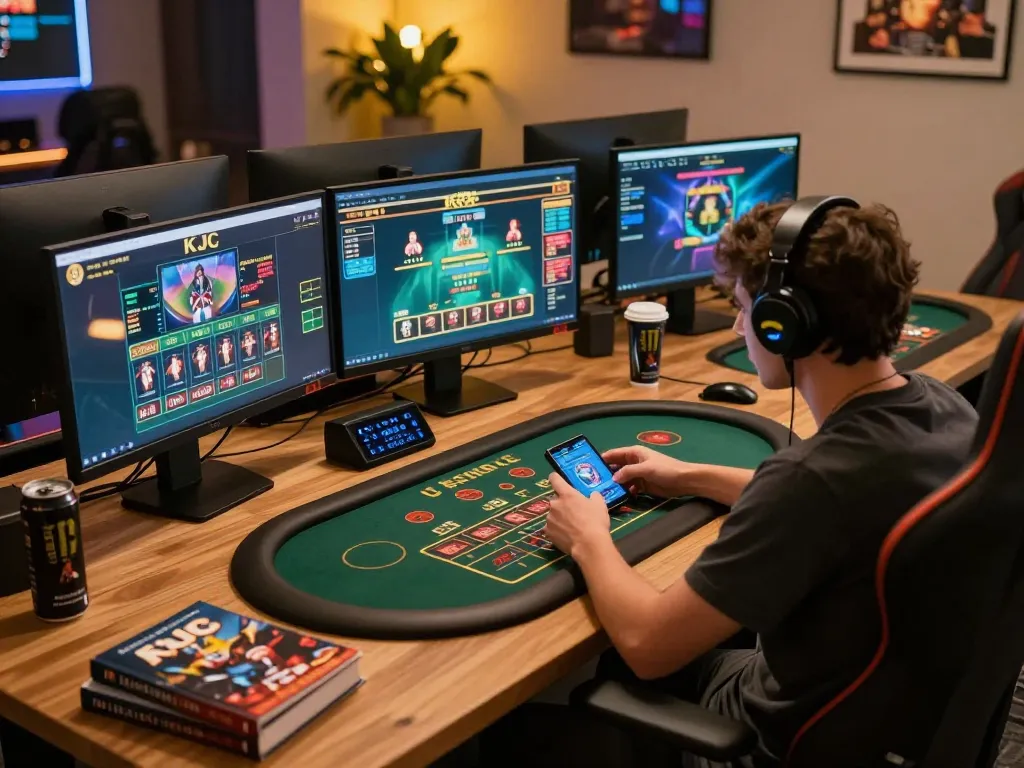 KJC player engaging in online casino game with multiple screens and betting strategies.