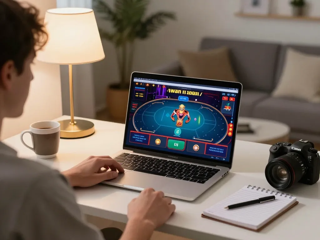 Player strategizing in online poker at home on fly888x while engaging with the gaming interface on a laptop