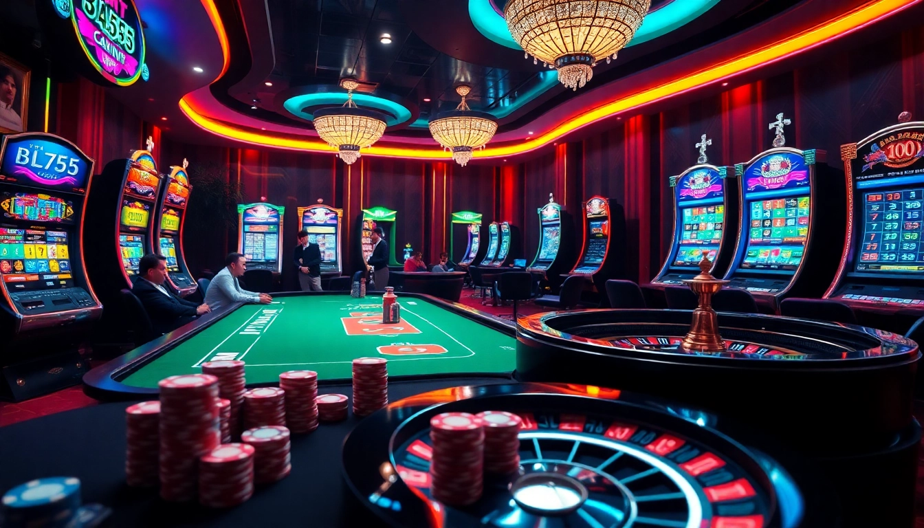 Players enjoy strategic poker matches at BL555's luxurious casino, showcasing excitement and high stakes.