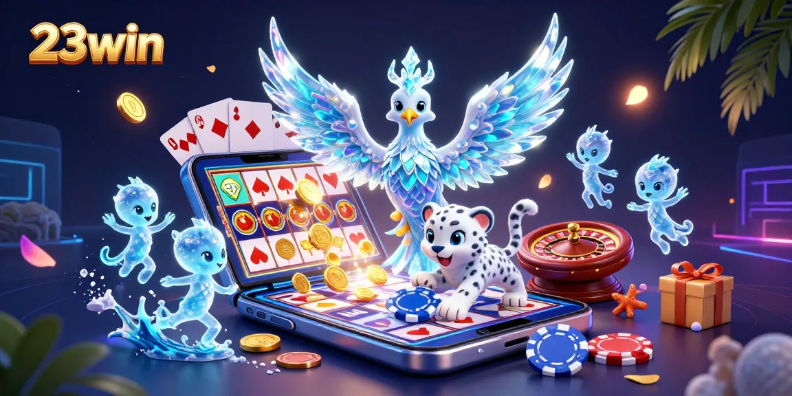Play thrilling games at 23win with vibrant characters, slot reels, and dynamic casino elements.