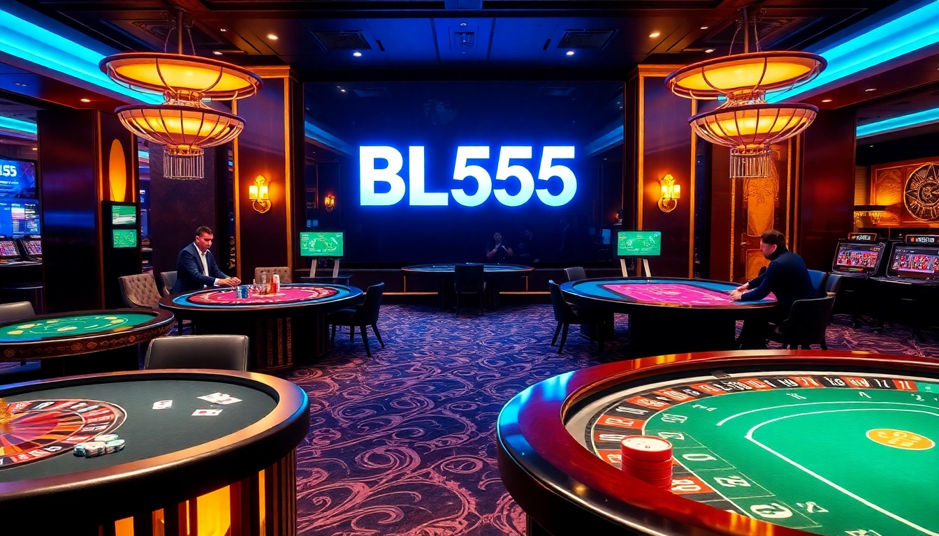 Players enjoying a thrilling moment at Bl555 online casino with vibrant gaming tables and colorful chips.
