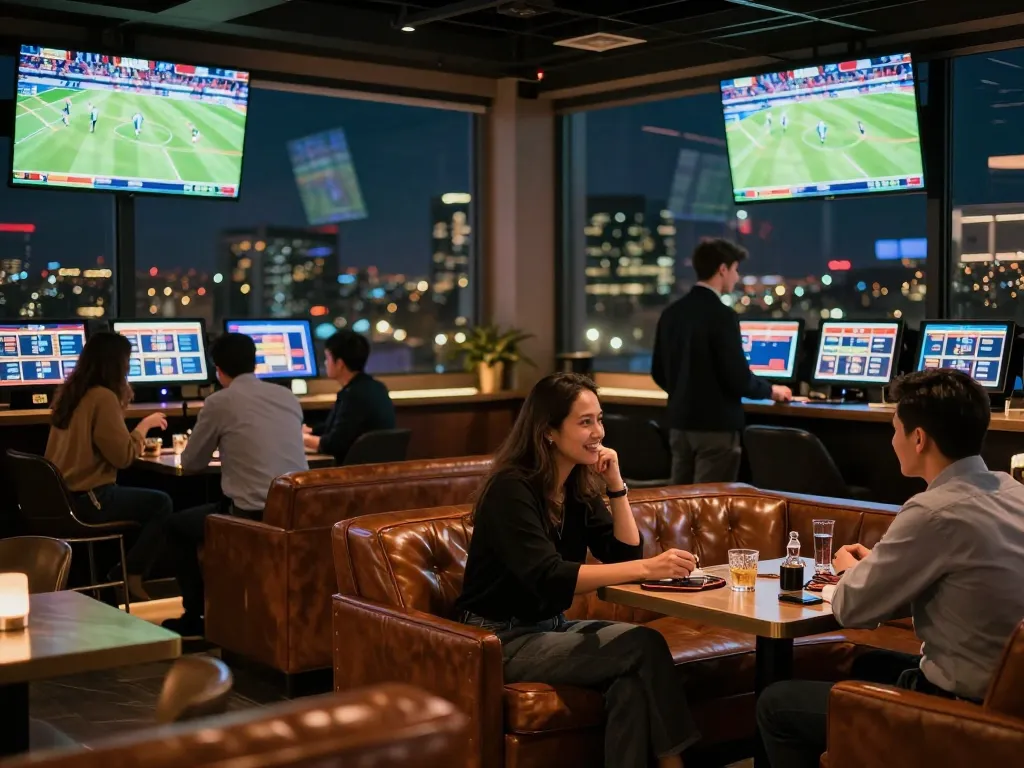 GO8 winners placing strategic bets while enjoying live sports in an upscale betting lounge.