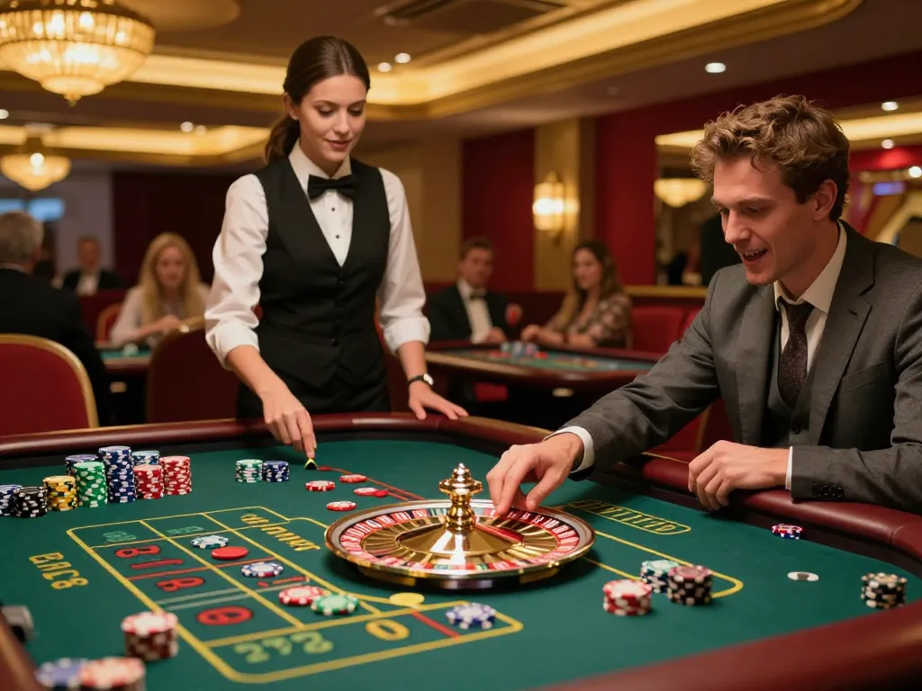 Engaged player places a bet at the sunwin roulette table in a luxurious casino ambiance.