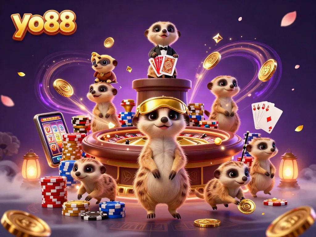 Engage in thrilling gaming at yo88, featuring meerkats managing casino operations amidst vibrant visuals.