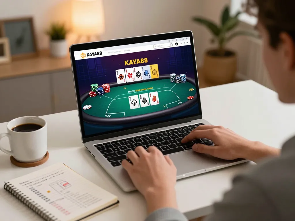 KAYA88 player enjoying online poker on a laptop with strategic notes nearby