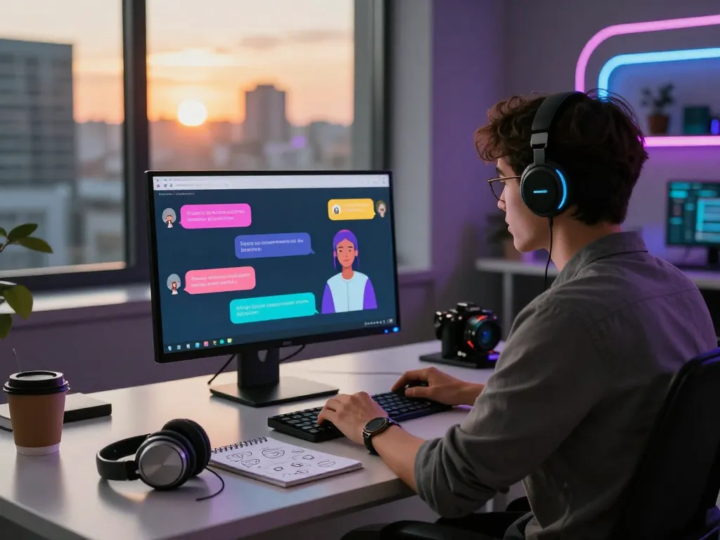 AI sex chat interaction in a modern tech workspace with chat bubbles and an animated avatar.