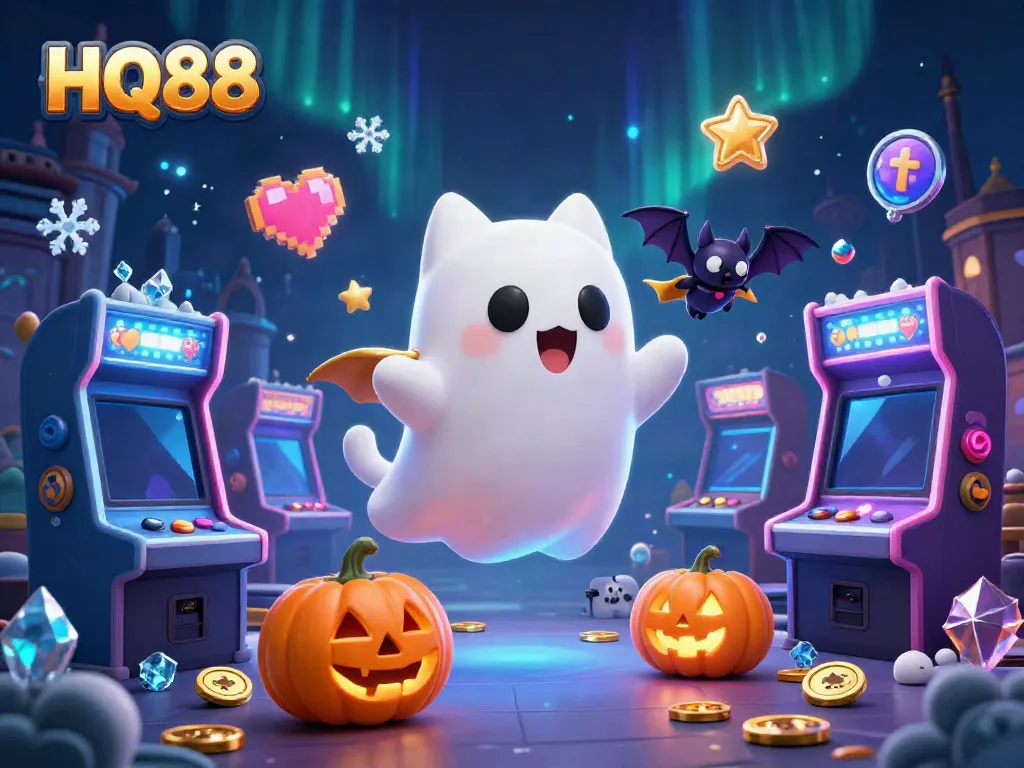 Engage in exciting gaming with HQ88's 3D illustration of a ghost cat and vampire bat in a vibrant casino.