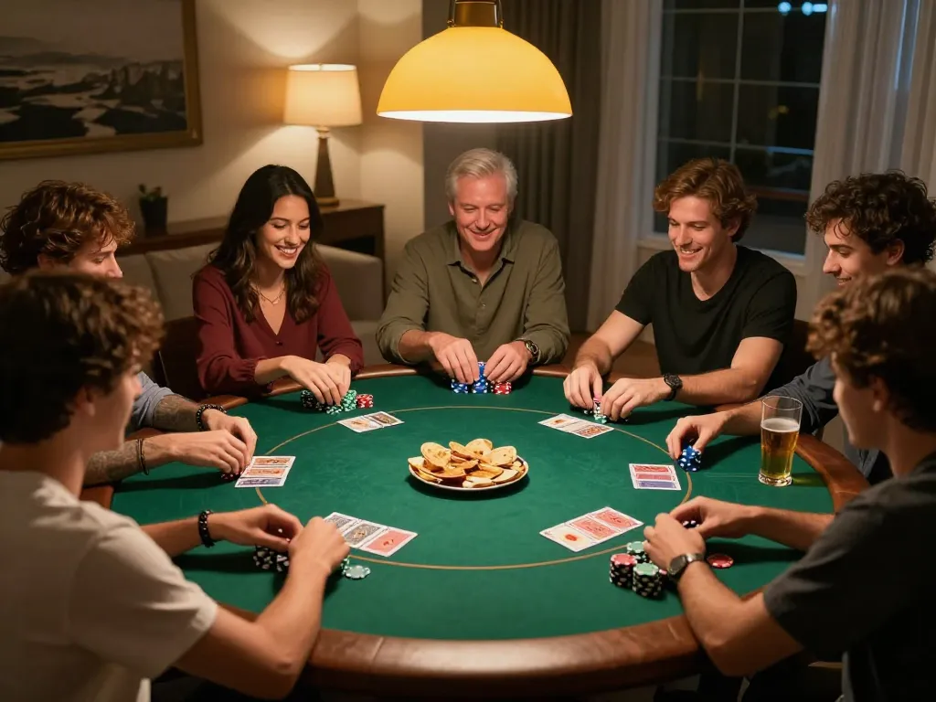 EE88 players enjoying a friendly poker game with cards and chips, showcasing social gaming atmosphere.