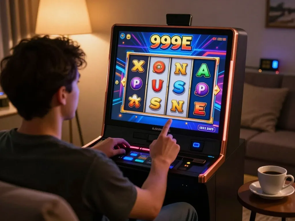Player enjoying 999E slots on mobile app in cozy living room, vibrant graphics displayed.