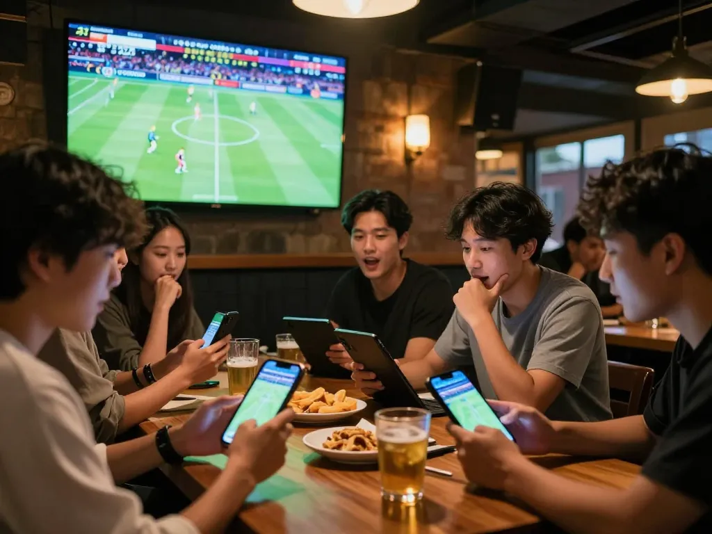 Bongdallu facilitates a thrilling sports betting experience in a bustling bar setting, showcasing friends engaged in real-time betting.