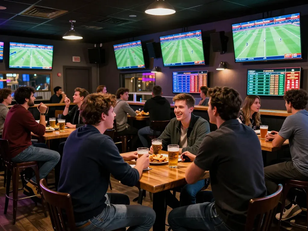 Players engaging in bóng đá kèo nhà cái at a lively sports bar while watching live football matches