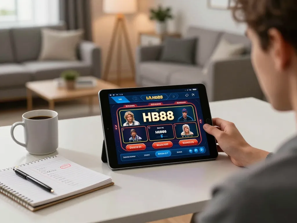 Player engaged in strategic online gaming on the HB88 platform in a cozy home setting.