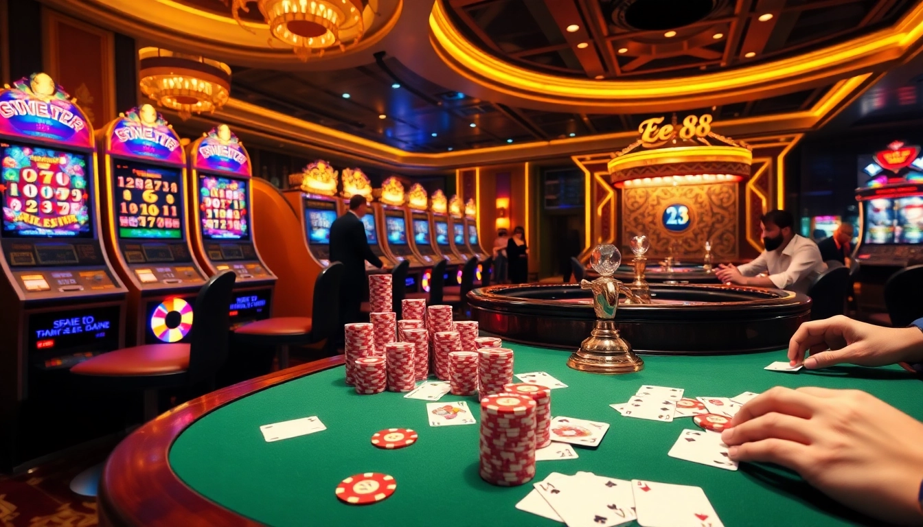 Exciting game session at EE 88 casino with vibrant slot machines and engaging players.