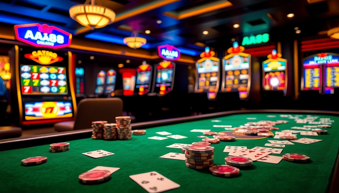Experience winning excitement with AA88 at an elegant casino table with poker chips and cards.