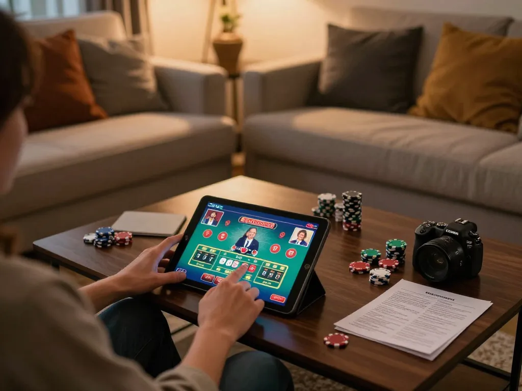 Engaged player enjoying 789Win live blackjack on a tablet, demonstrating strategic gameplay at home