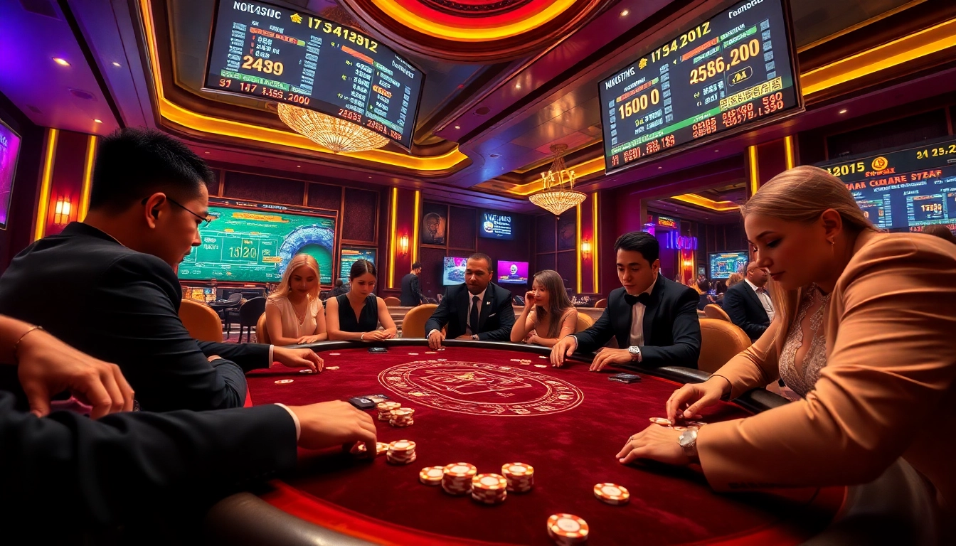 Players strategizing at a luxurious poker table in the popular 68 game bài casino setting.