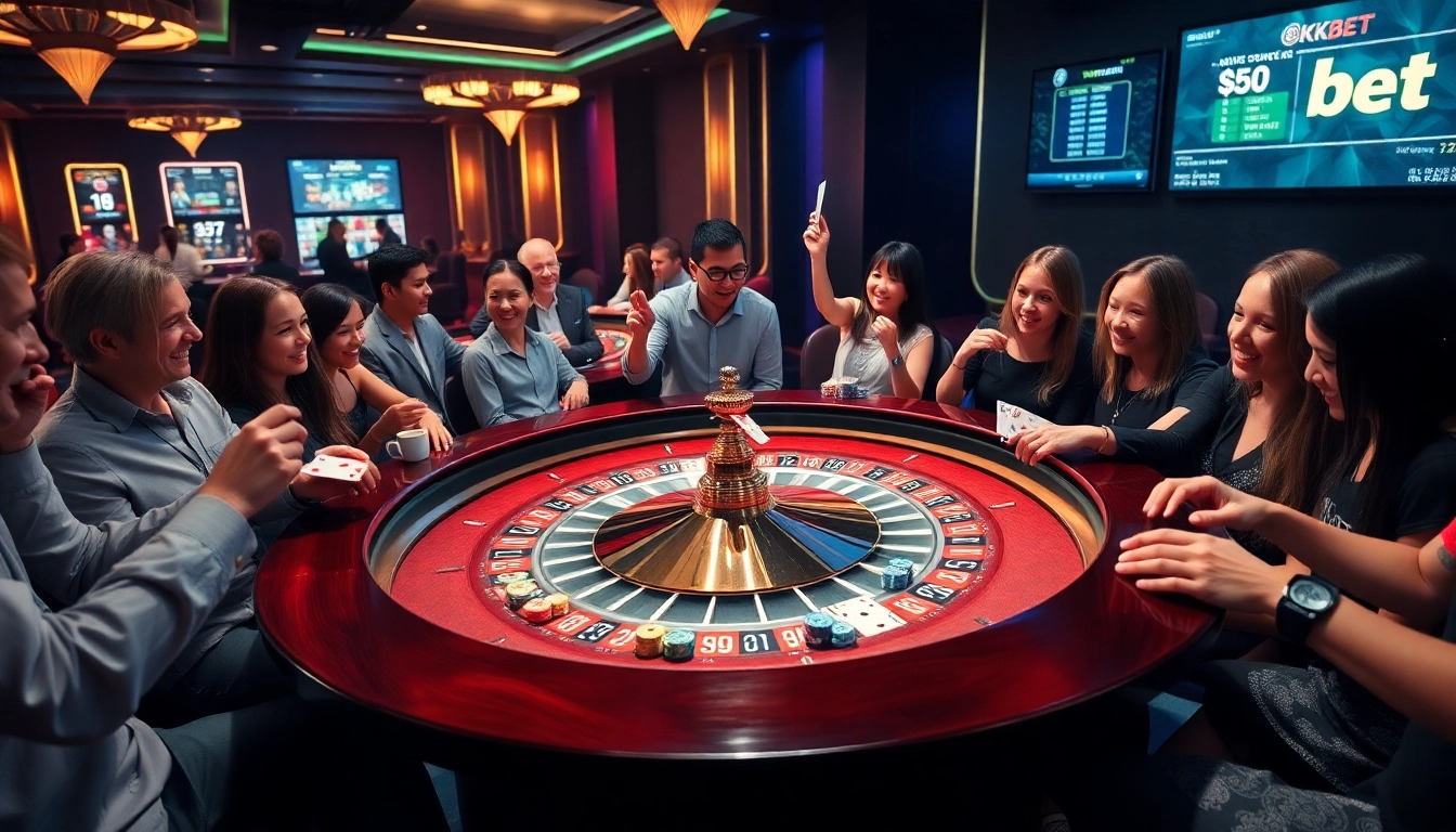 Experience the excitement of 8kbet with vibrant casino visuals showcasing roulette and poker games.