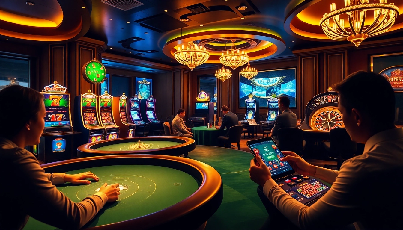Players engaging in exciting online casino games with an e28 my theme, showcasing vibrant slots and high-quality poker tables.
