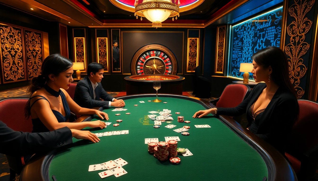 Players engaged in a thrilling poker game at 'Liên minh KJC' casino, surrounded by vibrant chips and cards.