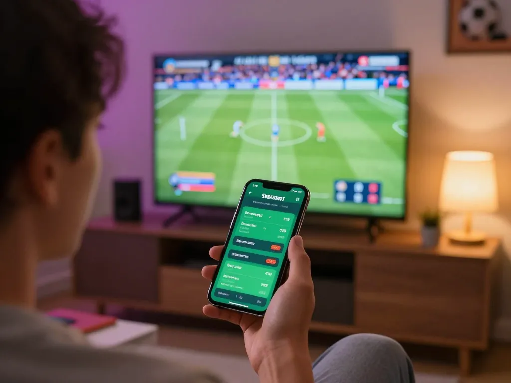 Betting on net88 during a live sports event using a smartphone, capturing the excitement of online gambling