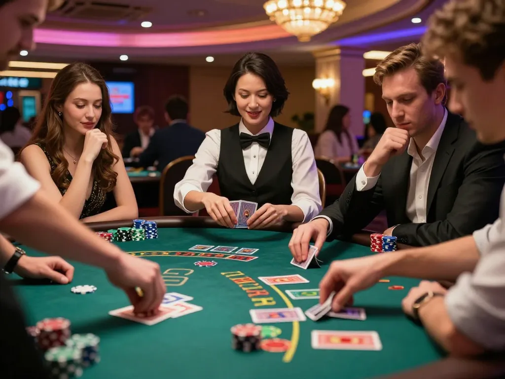 Players experience exciting blackjack strategies at man88 in a vibrant casino setting.