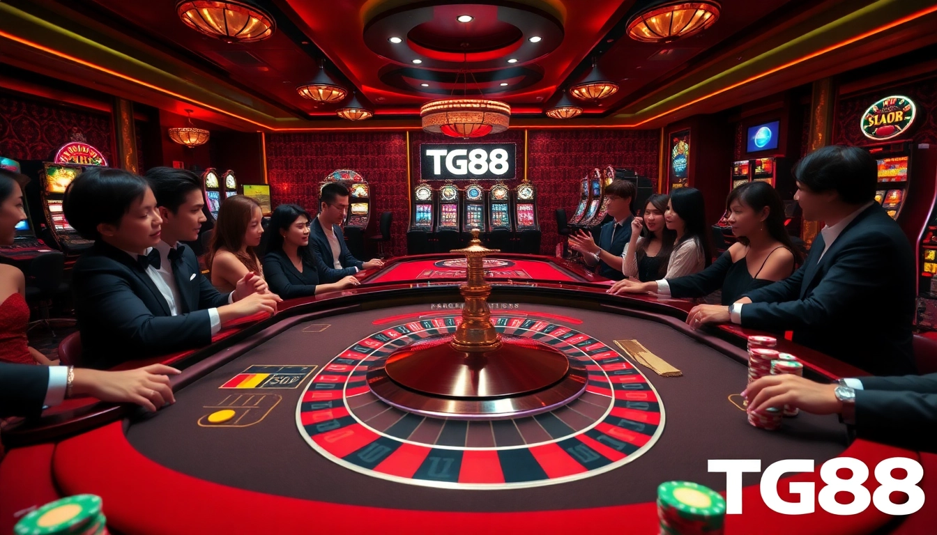 Players enjoying high-stakes games at TG88 casino with roulette and poker chips.