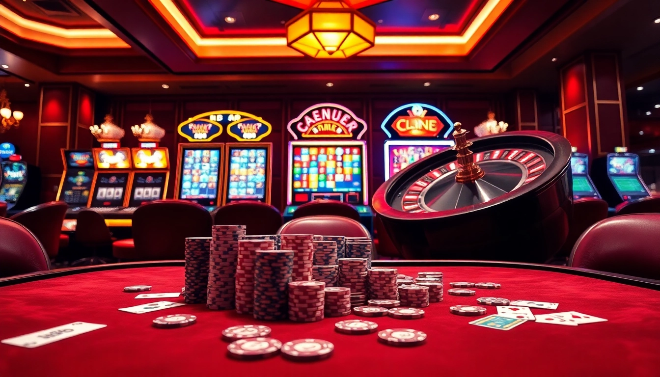 NoHU90 offers a thrilling casino experience with poker chips and vibrant slot machines.