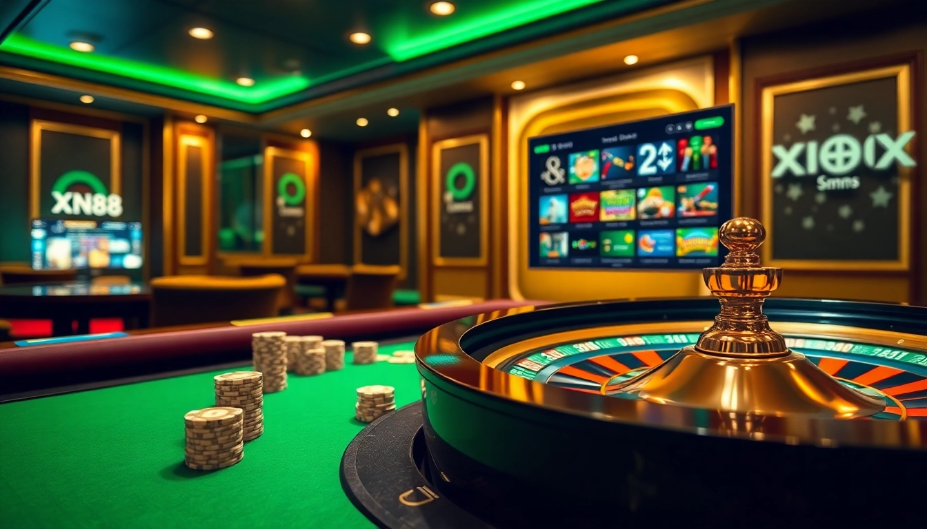 Experience the thrill of XN88 online gambling with a vibrant casino scene showcasing poker chips and a roulette wheel.