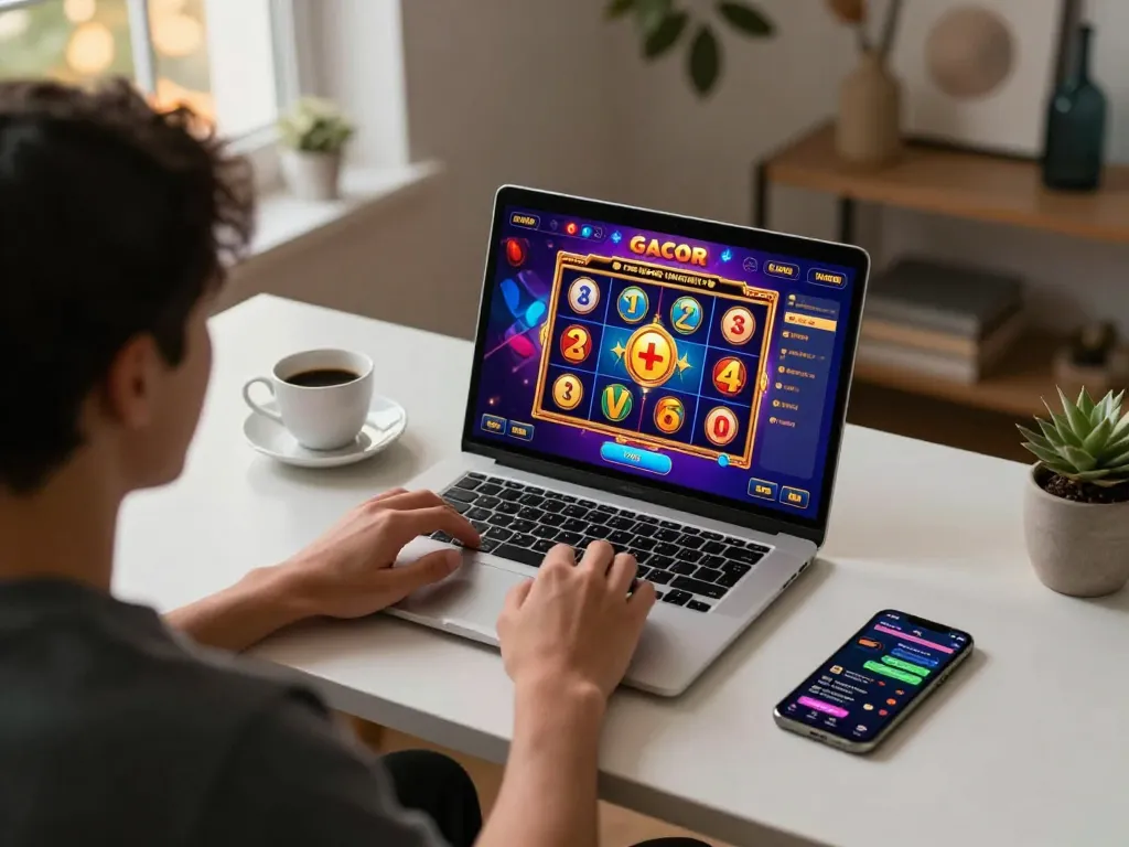 Engaged player enjoying a dynamic slot gacor game on a vibrant laptop screen in a cozy home environment.