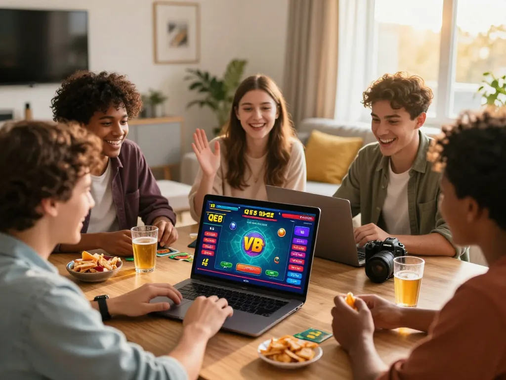 Excited friends engaging with the QE8 online betting platform in a cozy living room.