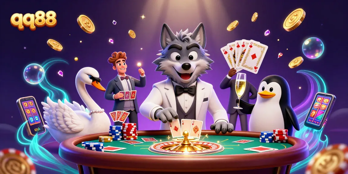 Engage in thrilling games at qq88, with a 3D wolf, swan, and penguin in an exhilarating casino scene.