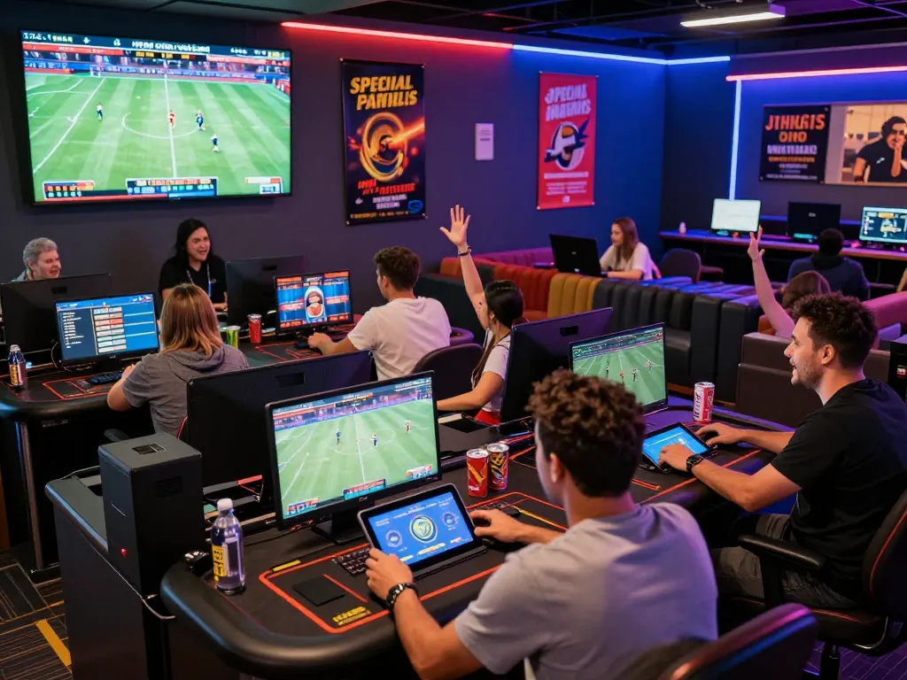 Engaged gamers enjoying dynamic betting experiences at https://okwin68.net/ with vibrant atmosphere and high-tech interfaces.