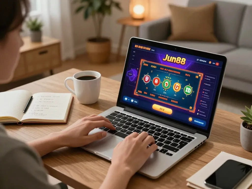 Player engages with Jun88's online casino games on a sleek laptop, showcasing responsible gaming.