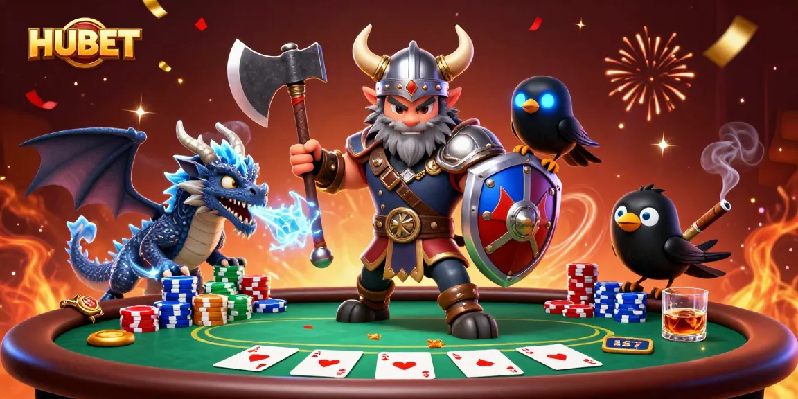 HUBET showcases an epic gambling scene with a Viking wolf warrior, dragon, and poker elements.