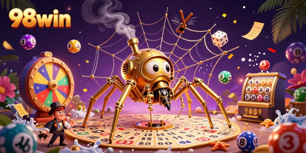Engage with thrilling gameplay at 98win, featuring a steampunk spider and vibrant lottery balls in a dynamic casino illustration.
