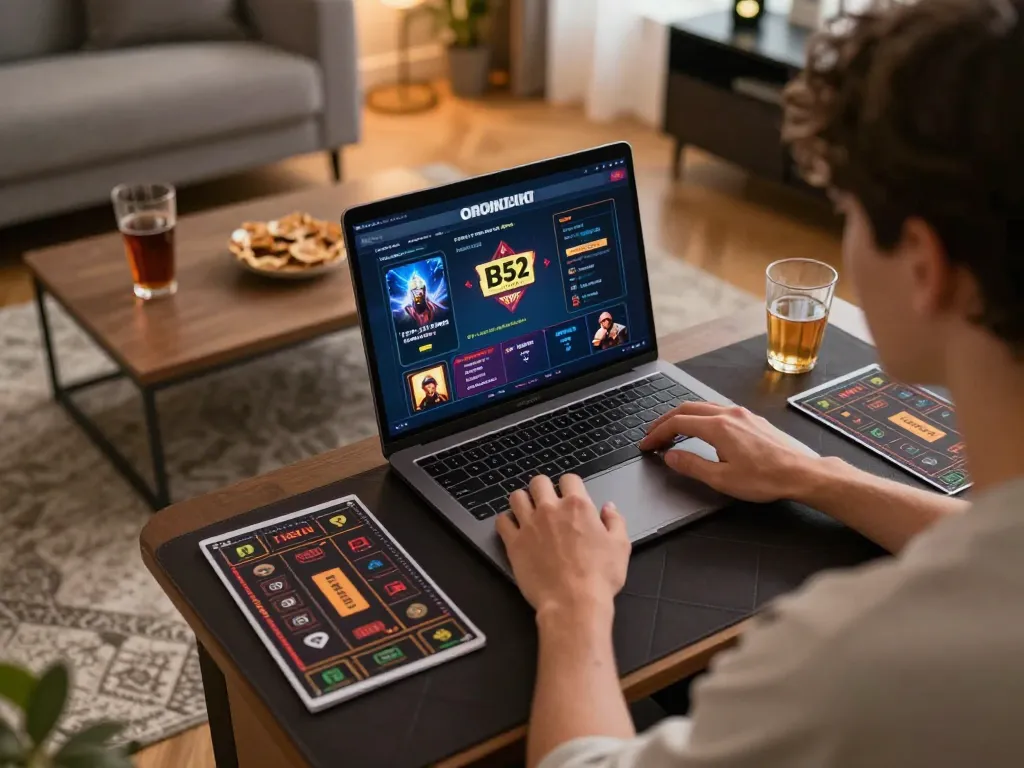 B52club gaming experience with a player enjoying online casino action on a laptop.