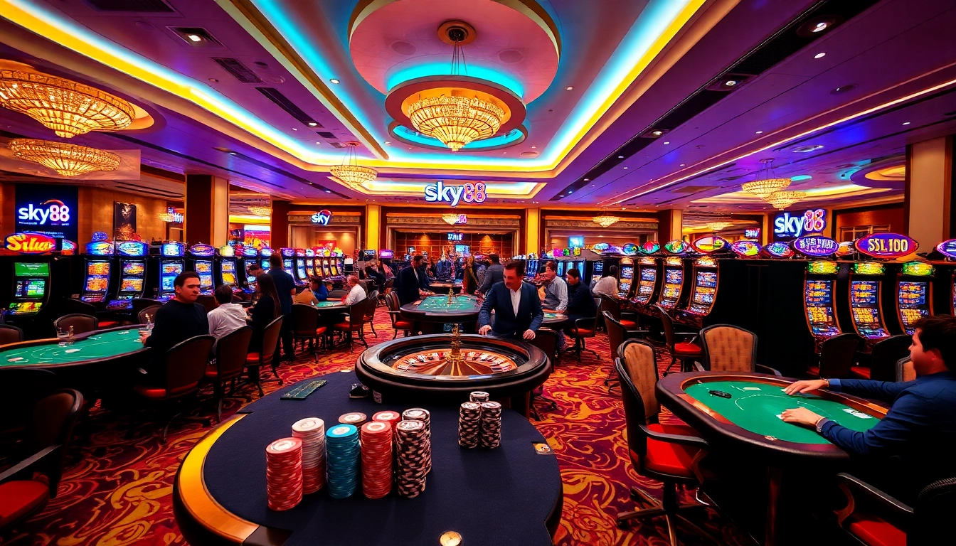 Experience thrilling gameplay at Sky88 with vibrant casino tables, high-stakes poker, and colorful slot machines.