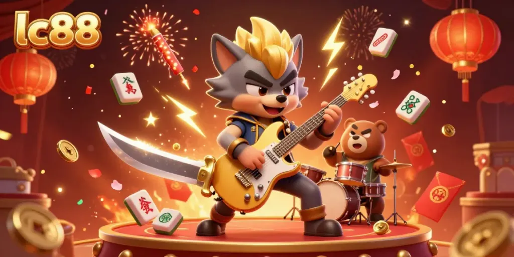 Celebrate wins at lc88 with an electrifying wolf guitarist and a lively drummer bear amidst a vibrant casino atmosphere.