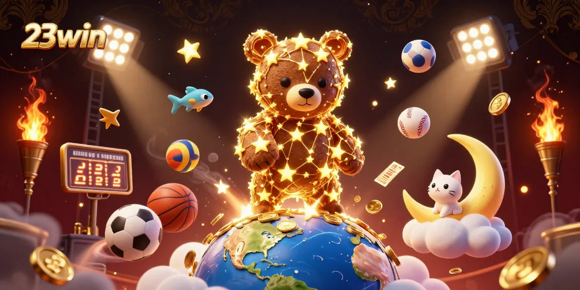 Experience the thrill of winning at 23win’s casino world, where golden stars and sports excitement merge.