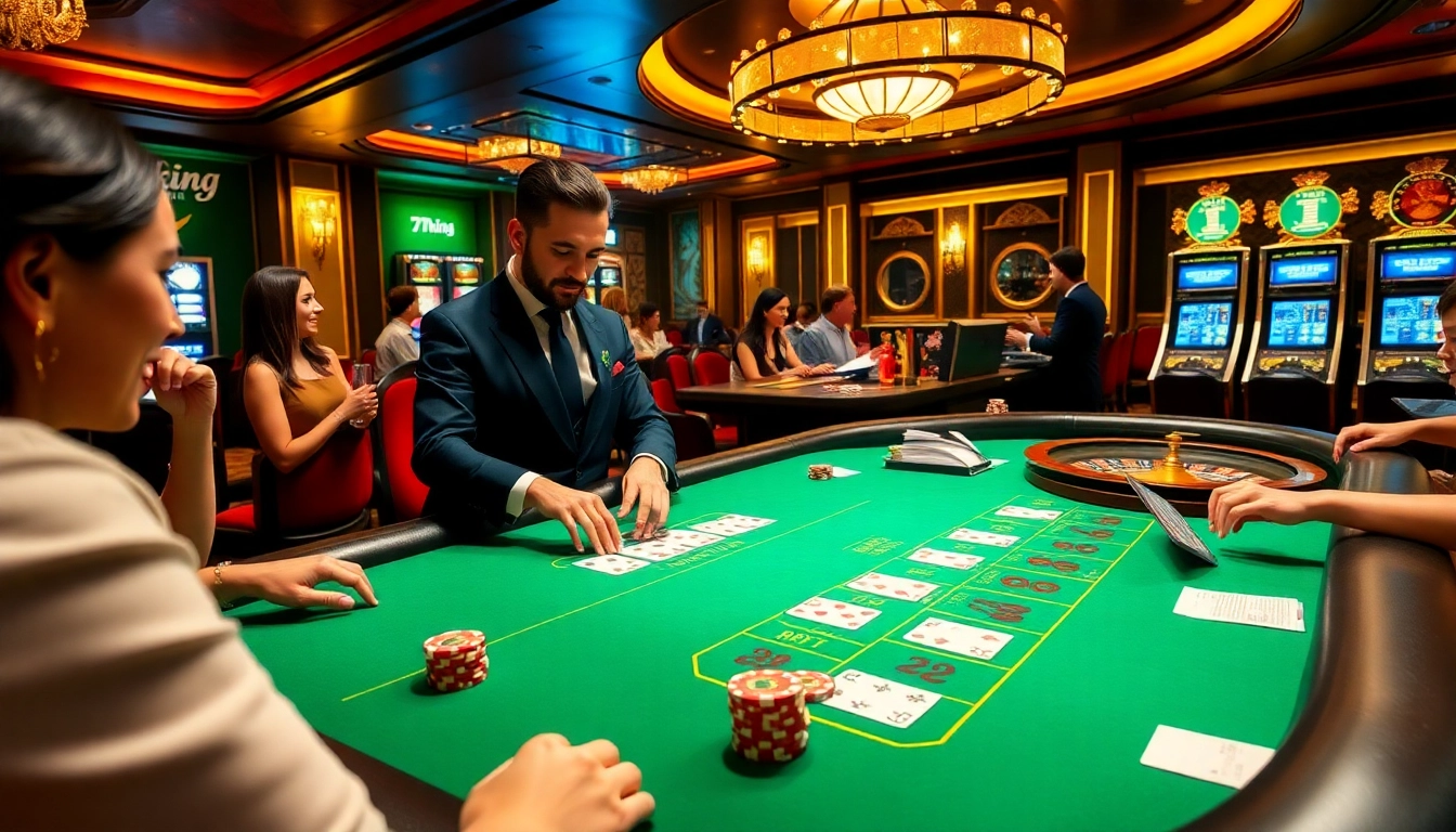 Players enjoying a blackjack game at nhà cái 79king with vibrant casino elements and luxurious ambiance.