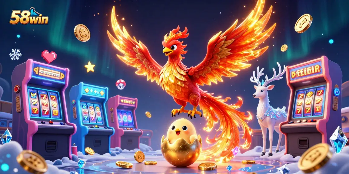 Experience the exciting world of 58win with vibrant gaming elements, including slot machines and mystical characters.