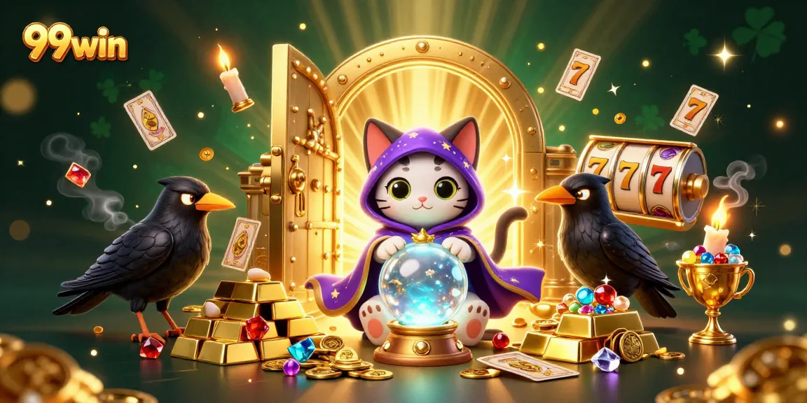 Engage with 99win's vibrant 3D casino art showcasing mystical characters and gold treasures.