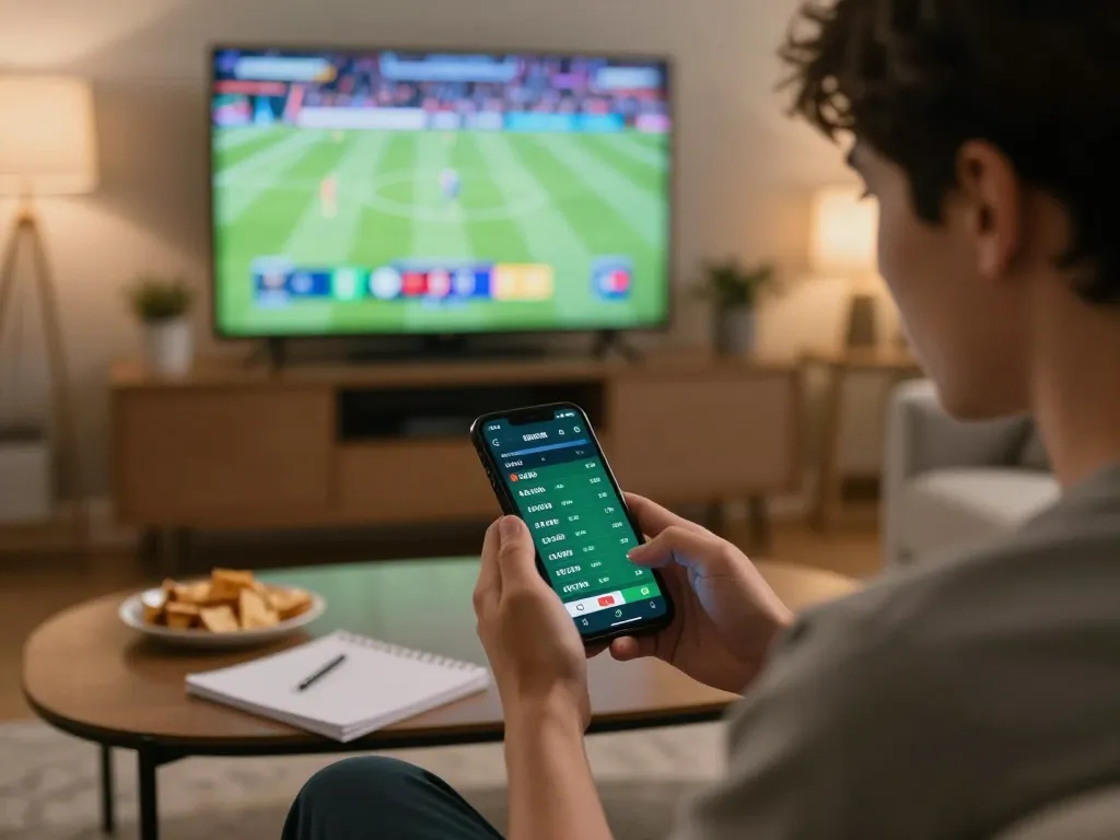 Engaging sports betting moment with nk888 displayed on mobile app, creating excitement in home setup.