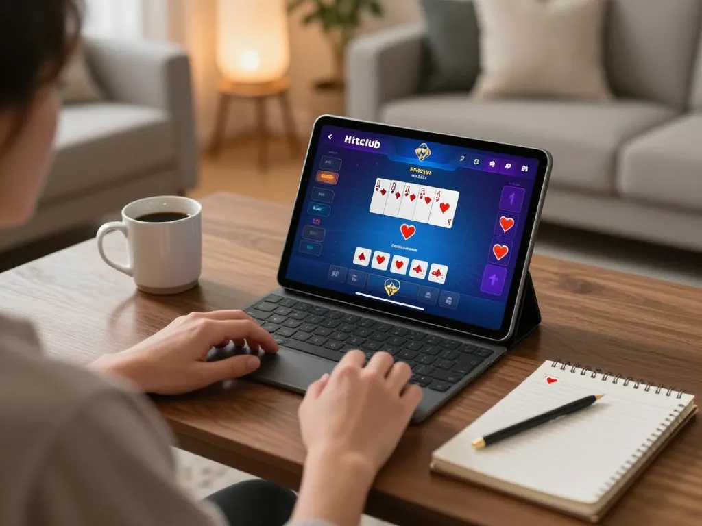 Player engaging with Hitclub app on tablet, showcasing strategic poker gameplay in cozy setting
