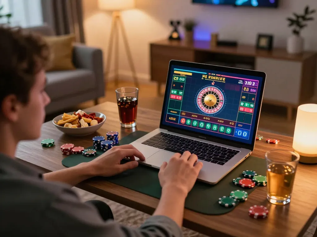 Kuwin online player engaging in live dealer roulette game on laptop with dynamic atmosphere