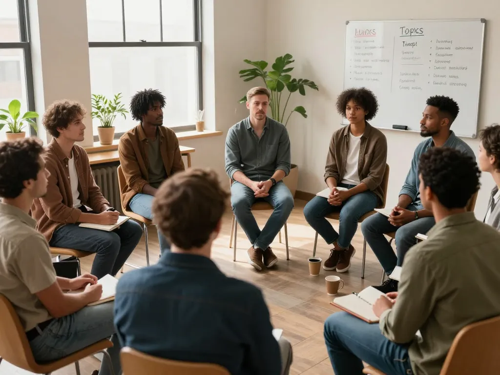 Men participating in a supportive discussion at ManClub, fostering connection and community.
